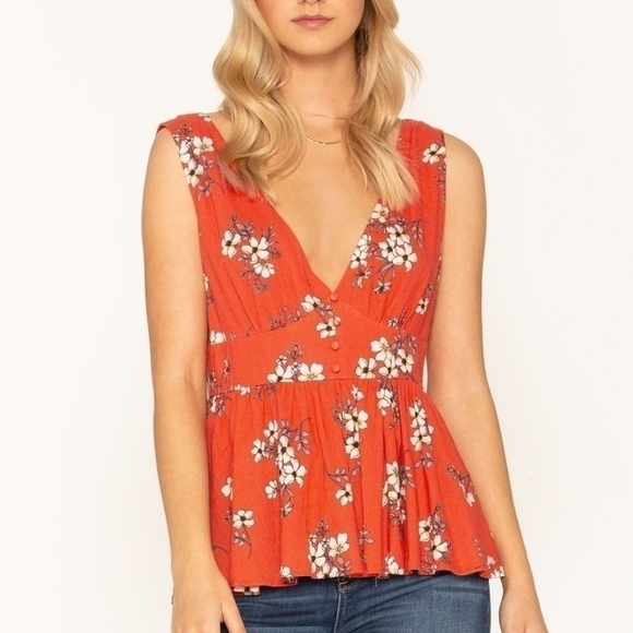 Miss Me Tops - MISS Me Resort Couture Peplum Top Empire Waist Floral Orange Size Small